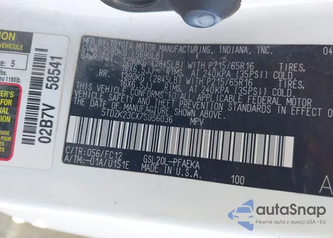 2007 Toyota Sienna Le из США, поврежденный, VIN 5TDZK23CX7S056036